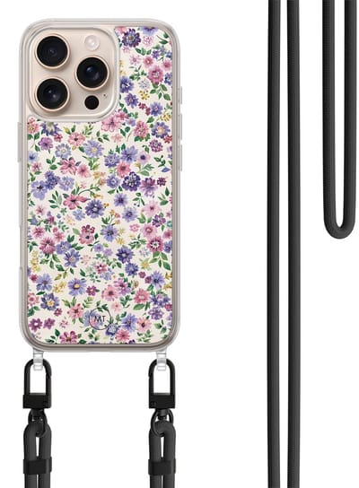Hoesje met koord geschikt voor iPhone 16 Pro - Paarse bloemen - Inclusief zwart koord - Crossbody beschermhoes - Transparant, Paars - Mooie Telefoonhoesjes