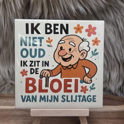 Wenstegel – Ik ben niet oud, ik zit in de bloei van mijn slijtage – Humor Cadeau – Spreuktegel - Trendy Nu –Decoratie – Zomaar – Decoratief Tegeltje met Standaard – Cadeau Idee
