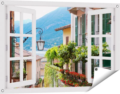 Gards Tuinposter Doorkijk Kleurijk Straatje in Italie - 90x60 cm - Tuindoek - Tuindecoratie - Wanddecoratie buiten - Tuinschilderij