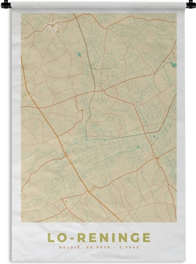Wandkleed - Wanddoek - België - Lo-Reninge - Plattegrond - Kaart - Stadskaart - 120x180 cm - Wandtapijt