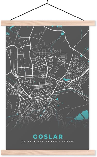 Posterhanger incl. Poster 60x90 cm - Schoolplaat - Blauw – Duitsland – Plattegrond – Stadskaart – Kaart – Goslar - Textielposter - Blanke latten - Stadskaart