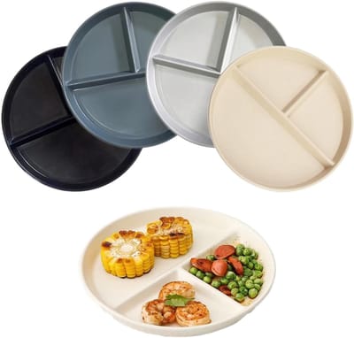 Gedeelde Borden Set - Onbreekbaar Dinerbord met Vakken - 4 Stuks 23 cm - PP Kunststof Vaatwasmachinebestendig - Voor Gezin en Picknick - Zwart en Grijs Tinten