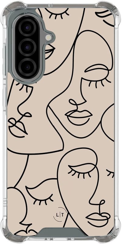 Shockproof hoesje - Geschikt voor Samsung Galaxy A36 - Abstract faces - Extra sterke case - TPU/polycarbonaat - Print / Illustratie - Beige, Transparant