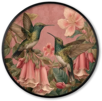 Poster in lijst Rond - Fotolijst 60x60 cm - Posters - Kolibries - Bloemen - Groen - Roze - Ronde posterlijst zwart - Decoratie - Wanddecoratie woonkamer - Muurdecoratie slaapkamer