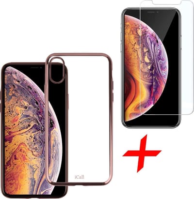 Transparant voor Hoesje geschikt voor iPhone Xs Max Soft TPU Gel Siliconen Case Roze Goud + Tempered Glass Screenprotector iCall