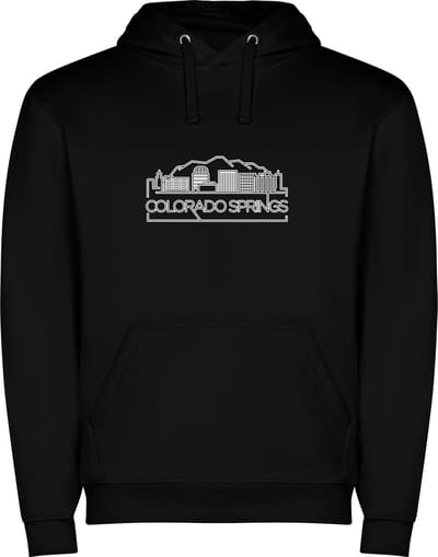 Zwarte unisex hoodie met “ Sky Line Colorado Springs – Vakantiegevoel – Strak – Modern “ Print Full Color Color merk Roly maat S