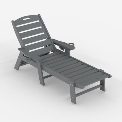 Ligbed voor Buiten - Verstelbare Rugleuning (5 Standen) - Onderhoudsvrij HDPE Zonnebed met Bekerhouder - Grijs - 198x60x32 cm