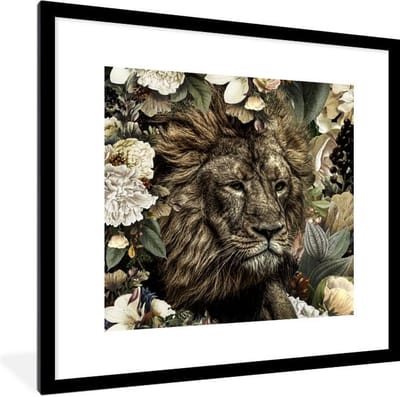 Fotolijst incl. Poster - Leeuw - Bloemen - Blad - 40x40 cm - Posterlijst