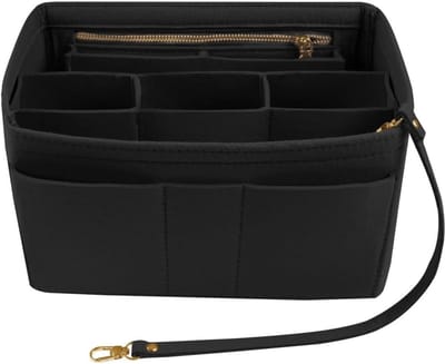 Famanu – Organizer voor handtas van vilt - meerdere vakken - draagtas - organizer - interieurorganizer voor dames - handtas - met ritssluiting en sleutelhanger - zwart (medium)