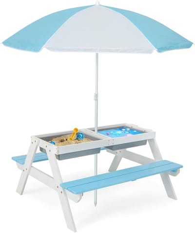KOMFOTTEU Kinderzitjesset, Vurenhout, Kindertafel voor buiten met in hoogte verstelbare parasol, Afneembaar tafelblad & 2 Speelboxen, Picknicktafel, Kinderzitjesset voor buiten
