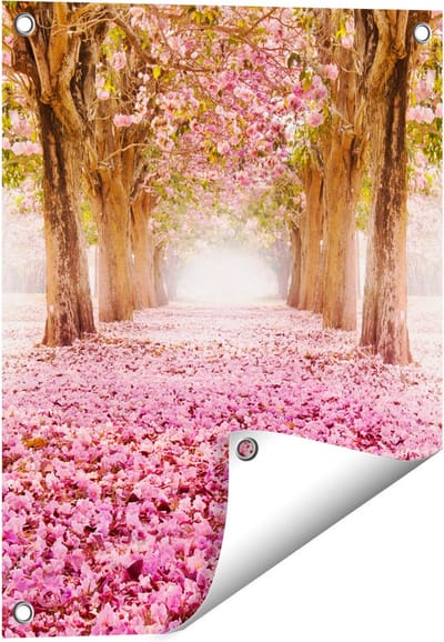 Gards Tuinposter Romantische Bomen Tunnel met Roze Anjers - 40x50 cm - Tuindoek - Tuindecoratie - Wanddecoratie buiten - Tuinschilderij