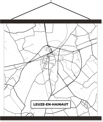 Posterhanger incl. Poster 60x60 cm - Schoolplaat - Stadskaart – Plattegrond – België – Zwart Wit – Leuze en Hainaut – Kaart - Textielposter - Zwarte latten - Stadskaart