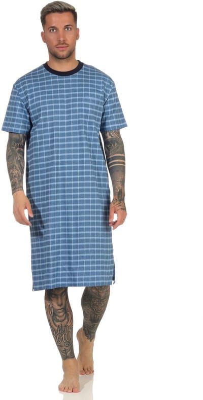 Heren nachthemd nachtjapon met korte mouwen in elegant ruitdessin - ook in oversized maten