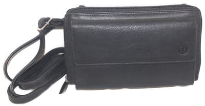 Oi zwarte lederen dames beurs met schouderbandje / portemonnee-tasje voor dames met ruimte voor telefoon / portemonnee om om te hangen met vak voor mobiele telefoon / anti skim / zwart leer / 284