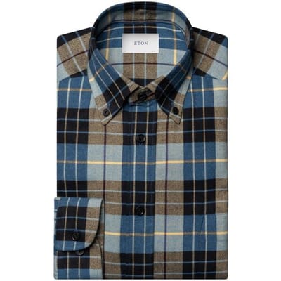 Eton Overhemd Plaid Check Ultrasoft Cotton Flanel Blauw-Bruin / male