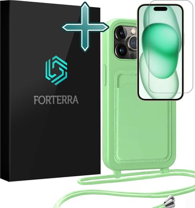 Hoesje Geschikt voor iPhone 15 Pro Max Pashouder Case Siliconen Hoes Met Koord Met Screenprotector - Hoes Geschikt voor iPhone 15 Pro Max Met Telefoonkoord Hoesje Back Cover Met Pasjeshouder - Groen