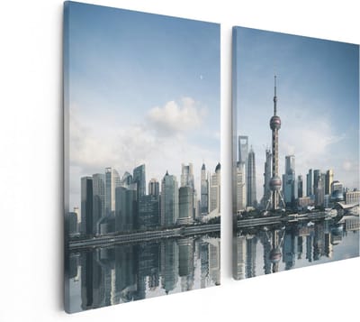 Artaza Canvas Schilderij Tweeluik Shanghai Skyline in China - 80x60 - Foto Op Canvas - Canvas Print
