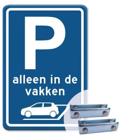 Parkeerbord Alleen in de vakken - blauw - Weerbestendig Aluminium - 40x60 cm - Bevestiging: Met hekbeugels (voor spijlen- of gaashek)
