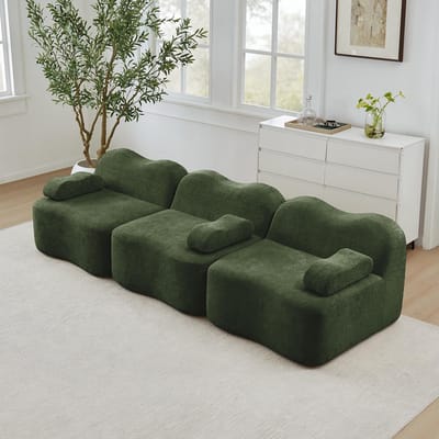 BLACKCOLORS Modulaire 3-zitsbank zonder frame van 32D-schuim met hoge dichtheid, Golvende vorm met diepe zitting, afneembaar armleuningkussen, ideaal voor woonkamer, Groen