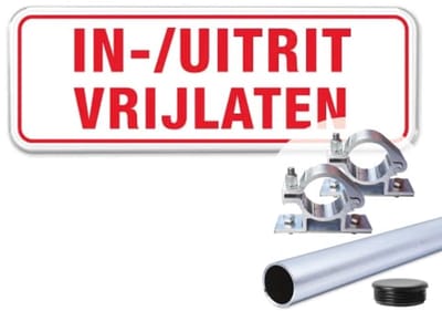 Bord In-/ Uitrit Vrijlaten - Weerbestendig Aluminium - 40x15 cm - Bevestiging: Met paal 120 cm + paalbeugels + paaldop