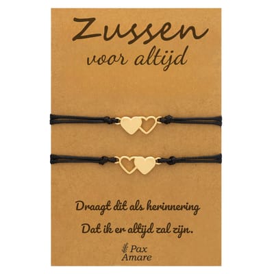 Vriendschapsarmbandjes voor 2 "Zussen voor altijd" - Hartjes - Sisters Armbandjes met Cadeau Kaartje - Goudkleurig - Elastisch Verstelbaar - Pax Amare
