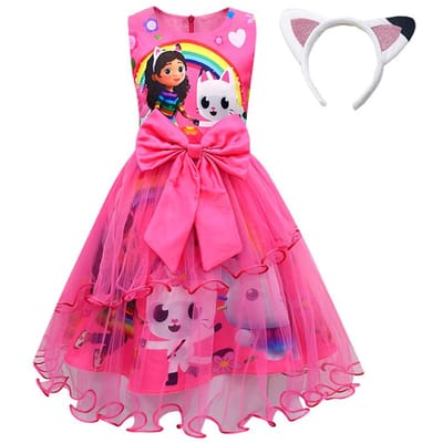 Gabby's poppenhuis Kinderen Zomer Gabby Katten Jurk Baby Meisjes Schattige Kant Prinses Jurk Peuters Meisjes Verjaardagsfeest Jurken Hoofddeksel 110 pink