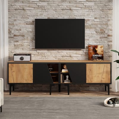 TV Meubel - 160x36,5x45 cm - Voor 65 Inch TV - 4 Vakken en 7 Poten - Minimalistisch - Natuurlijk Hout