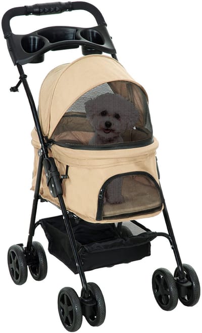 Merax Hondenbuggy Opvouwbaar voor Kleine Honden en Katten met Netvensters en Opslagmand Oxfordstof Khaki 67x45x96 cm