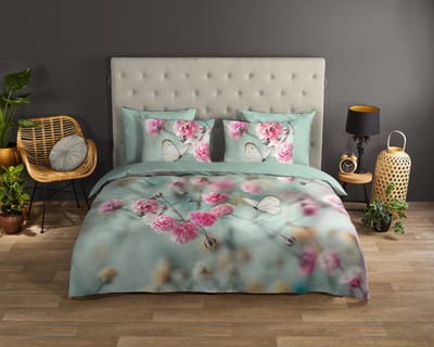 Good Morning dekbedovertrek bloemen en vlinders - 2 persoons 200x200/220 cm - Mint - 100% Katoen renforc�