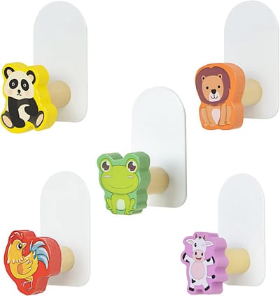 Dieren wandhaken voor kinderen, 5 stuks zelfklevende haken voor kleding, handdoeken en speelgoed, zonder boren, houten wandhaken voor de kinderkamer