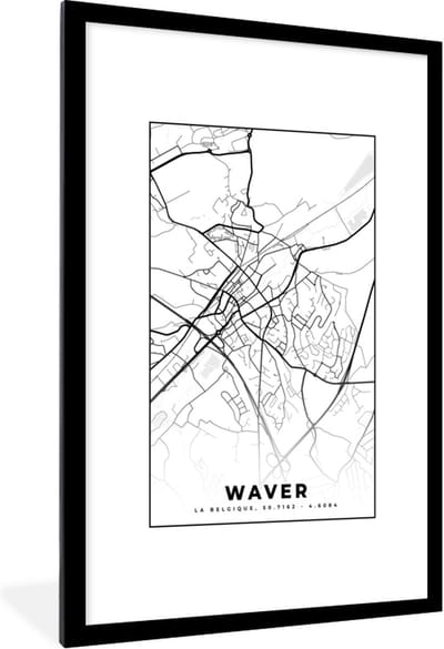 Fotolijst incl. Poster Zwart Wit- Plattegrond – Waver – Zwart Wit – Stadskaart - Kaart - België - 80x120 cm - Posterlijst