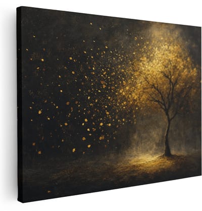 Artaza Canvas Schilderij Gouden Boom - Abstract Bos - Donkere Sfeer - 80x60 cm - Wanddecoratie Woonkamer - Schilderijen - Muurdecoratie