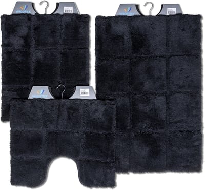 Wicotex - Badmat set - Badmat - Toiletmat - Bidetmat ruit Zwart - Antislip onderkant - WC mat met uitsparing