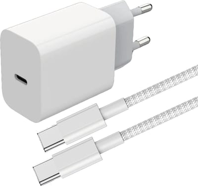 65W USB Adapter + 1 Meter Kabel - Geschikt voor Oplaadkabel iPhone 15, iPhone 16 Series en Samsung Devices - Stekkerblok met USB C Kabel - GaN Snellader - Nylon Gevlochten - Wit