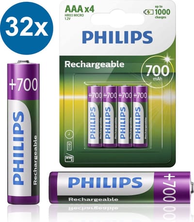 PHILIPS Oplaadbare AAA-Batterijen HR03 - 32 Stuks (8 Blisters a 4 Stuks) - NiMH 1.2V - 1000 Keer Herladen - 700mAh