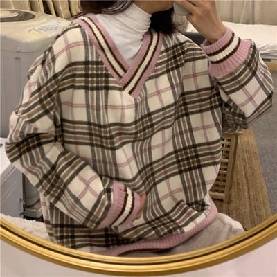 Losse Chic Plaid Lente Hoodies Nieuwe Koreaanse V-hals Tops Ins Harajuku Vintage BF Eenvoudige Hedging Casual Vrouwelijke Sweatershirt L