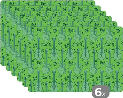 Placemat - Placemats kunststof - Gitaar - Patronen - Groen - 45x30 cm - 6 stuks - Hittebestendig - Anti-Slip - Onderlegger - Afneembaar