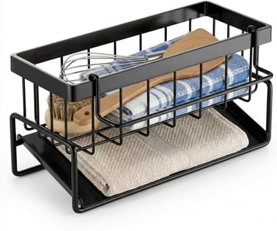 Zelfafvoerende Afwasbak Tray van RVS, Keuken Organizer met Haak voor Sponsen en Keukengerei, Ideaal voor Opberging en Ruimtebesparing (Zwart, 23.5 x 9 x 10.5 cm)