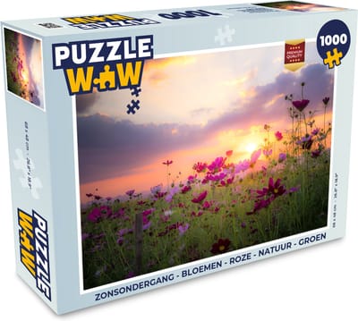 Puzzel Zonsondergang - Bloemen - Roze - Natuur - Groen - Legpuzzel - Puzzel 1000 stukjes volwassenen
