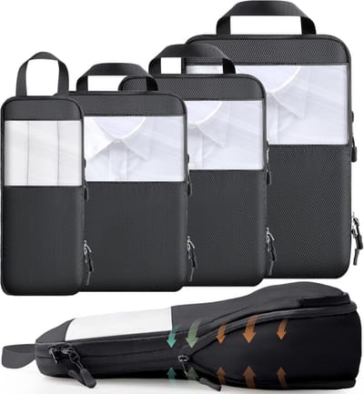 Famanu – Kofferorganizer set – Packing cubes met compressie – Waterdicht polyester – Geschikt voor handbagage en rugzak – Zwart