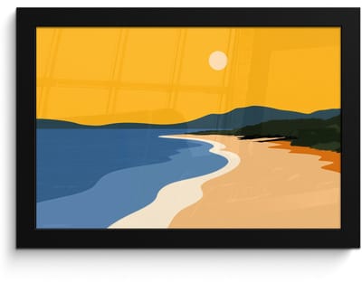 Poster in lijst - Fotolijst 30x20 cm - Posters - Kustlijn - Oranje lucht - Begroeiing - Posterlijst zwart - Decoratie - Wanddecoratie woonkamer - Muurdecoratie slaapkamer