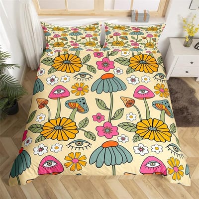 Retro jaren 70 Hippie Stijl Dekbedovertrek Queen Microfiber Psychedelisch Paddenstoelen Beddengoed Set Kamer Decoratie Cadeaus Regenboog Bloemen Dekbedovertrek 180*220cm 3pcs