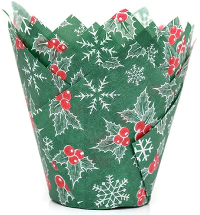 House of Marie Tulip Baking Cups Holly Christmas pk/36