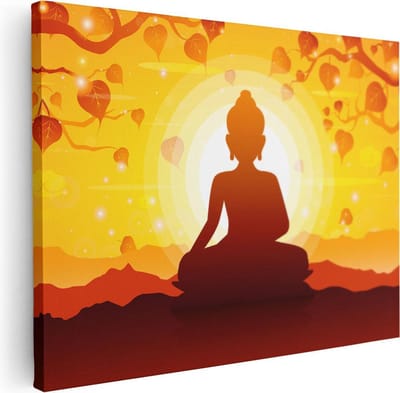 Artaza Canvas Schilderij Boeddha - 80x60 cm - Wanddecoratie Zonsondergang - Muurdecoratie Spiritueel - Decoratie Silhouet