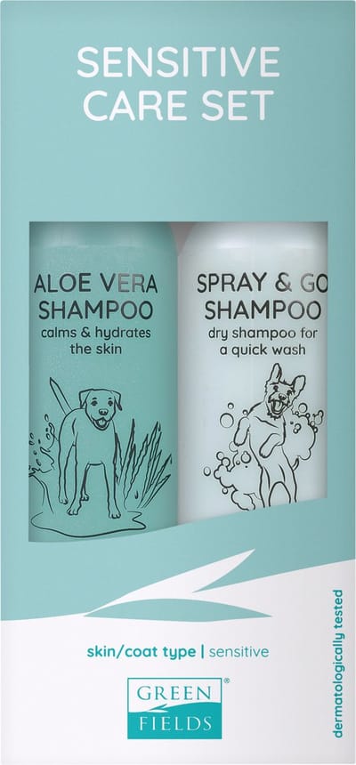 Greenfields Vacht Verzorgingsset voor Honden met Gevoelige Huid - Krachtige Aloe Vera Shampoo en Spray&Go DroogShampoo 250ML