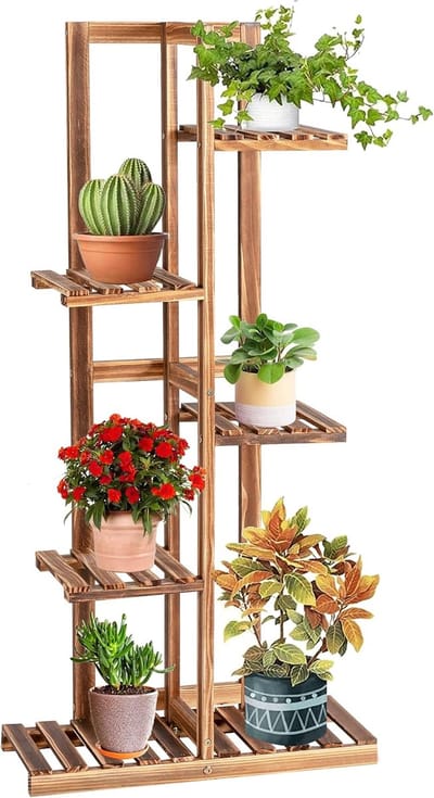 COSTWAY Plantenstandaard, vrijstaand bloemenrek, plantenrek, houten bloementrap, meerdere verdiepingen, houten plank, plantentrap voor binnen en buiten (5 niveaus/bruin)