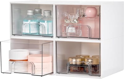 Set van 4 Doorzichtige Stapelbare Opbergdozen voor Make-up, Badkamer en Keukenorganisatie, Ideaal voor Onder de Wastafel en in Kasten