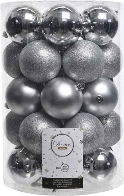Decoris Kerstballen - 34x st - zilver - D8 cm - kunststof - kerstversiering