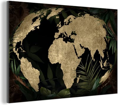 Aluminium schilderij 150x100 cm - Wanddecoratie metaal - Wereldkaart - Planten - Vintage - Metalen muurdecoratie woonkamer - Decoratie industrieel - Foto op dibond - Industriële accessoires slaapkamer