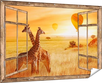 Gards Tuinposter Doorkijk Twee Giraffen met Twee Oranje Luchtballonnen - 180x120 cm - Tuindoek - Tuindecoratie - Wanddecoratie buiten - Tuinschilderij